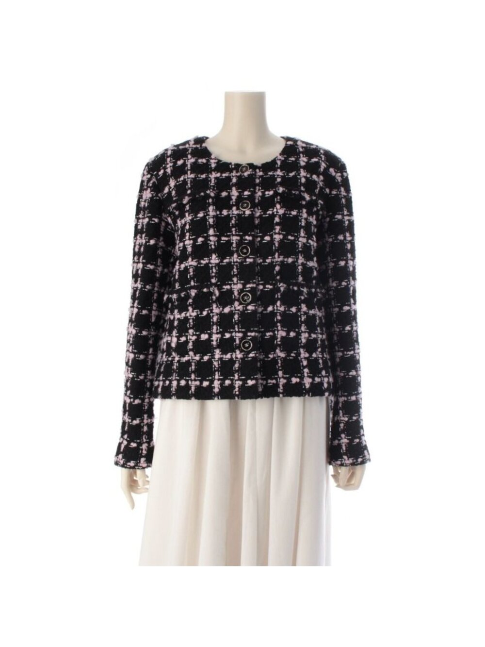 Chanel Tweed Collarless Jacket Black Pink 42